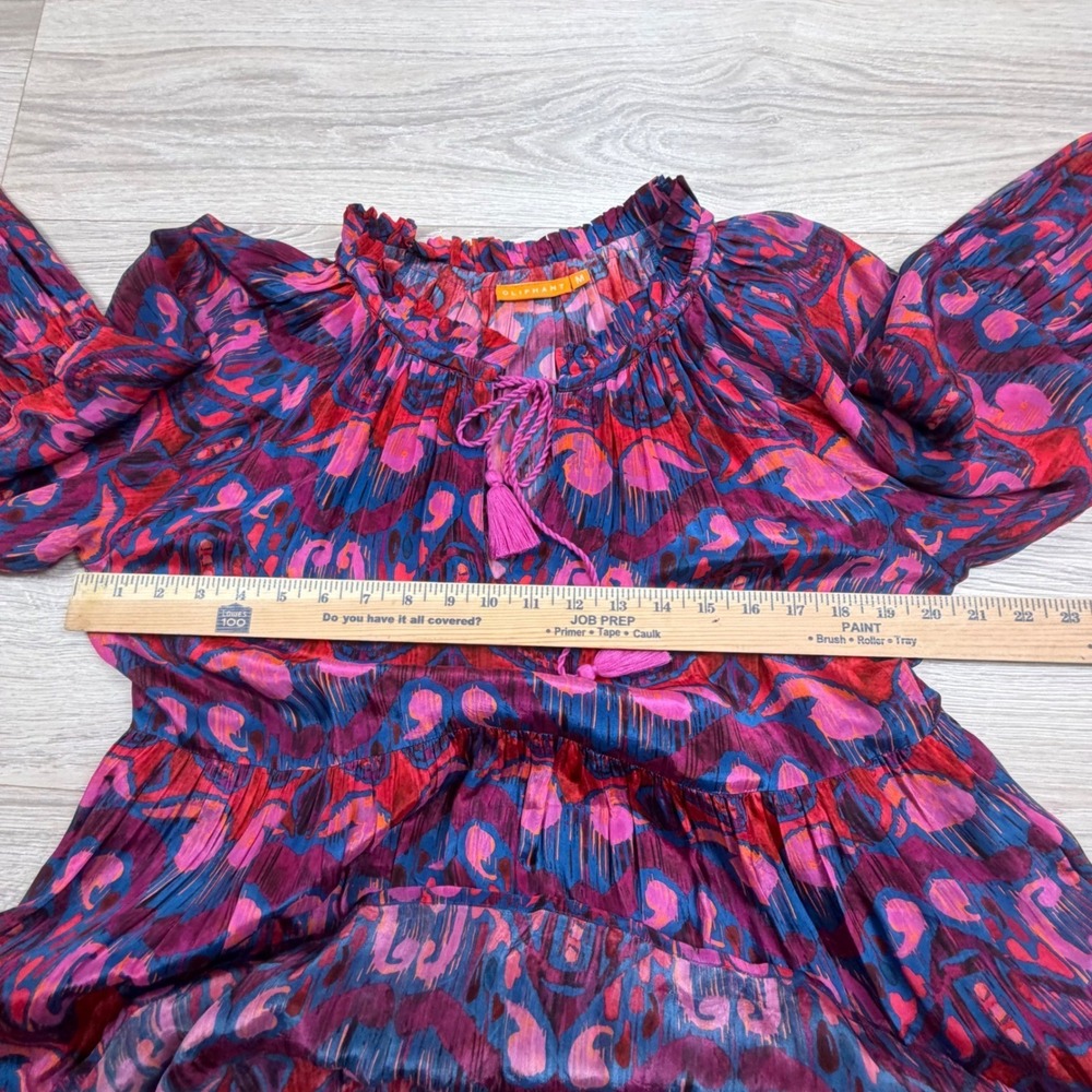 Oliphant Pink Blue Ikat Tiered Mini Dress Balloon Sleeve Tassel Tie Womens‎ M - Picture 4 of 9